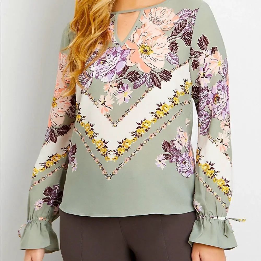 Maurices long bell Sleeve floral print plus size blouse cutout neckline sage-XXL